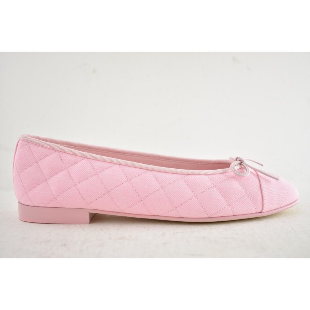 Chanel 26P Light Pink Denim Quilted CC Logo Bow Tie Ballet Ballerina Flat 38 - Picture 2 of 16